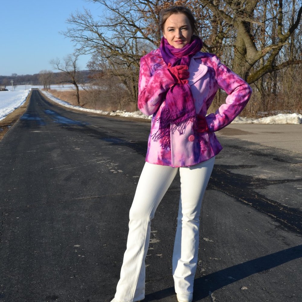 Painted Tie dyed Pink Purple blue white Winter Wool Pea Coat Small Med 4 6 8 10 - Picture 8 of 8